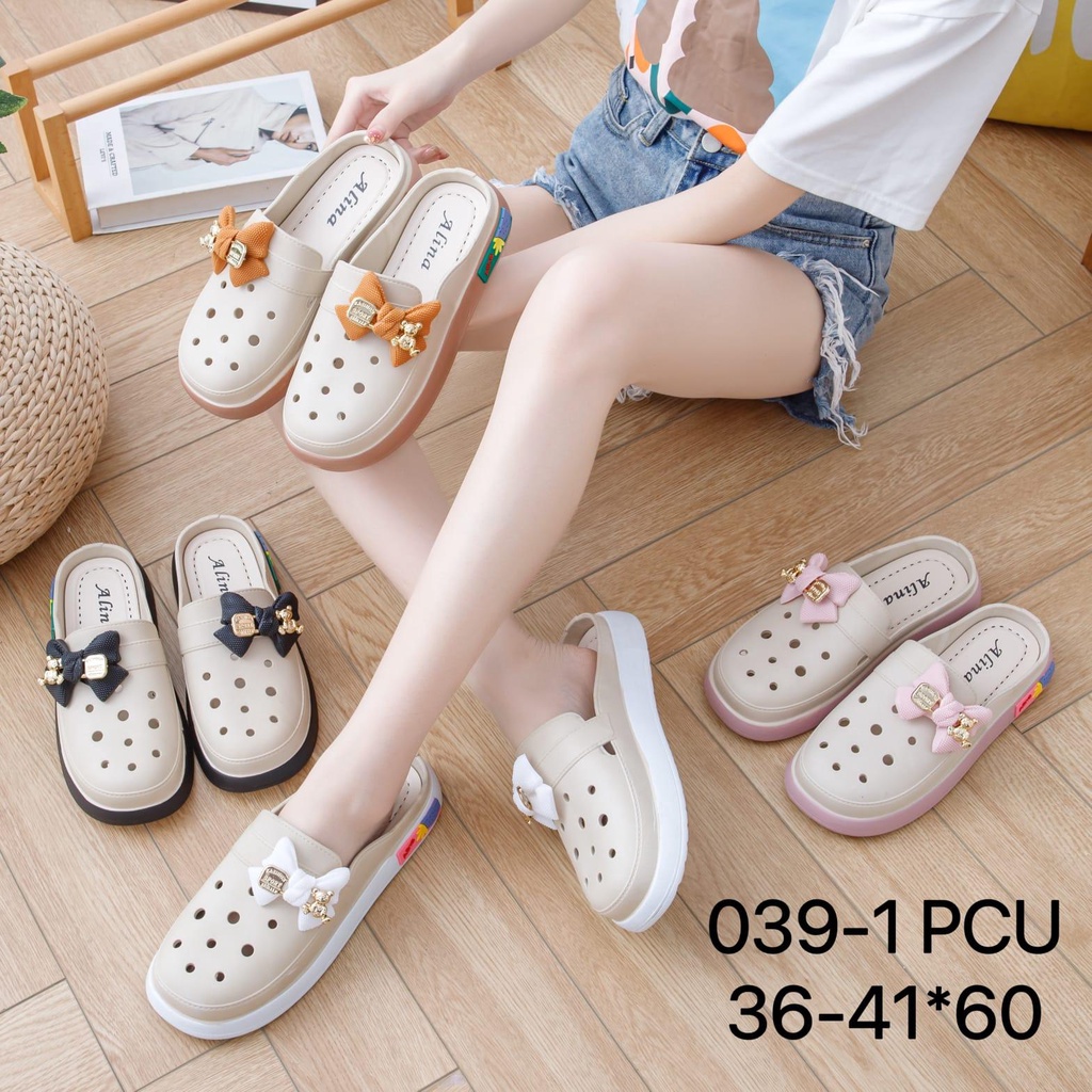 Sandal Slop Bustong Hak 3 cm Sandal Sepatu Selop Tebal Wanita BUSTONG PITA BEAR GOLD / Sandal Karet Import