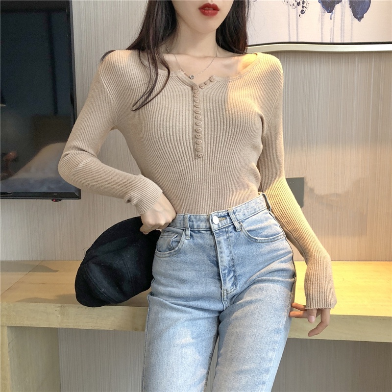 [4 Warna] EUNII Korean Style Kaos Lengan Panjang Rajutan warna polos Gaya Desain Kancing Slim Fit untuk Wanita
