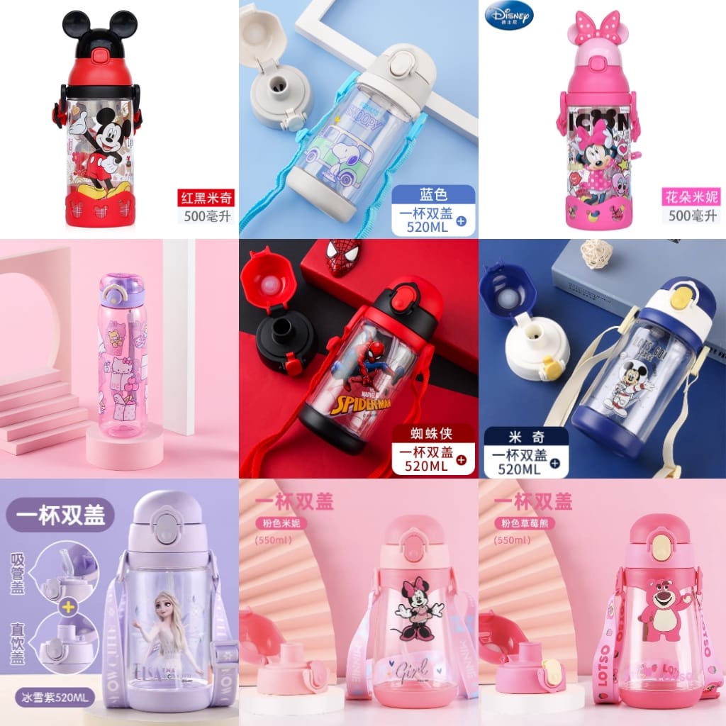 tumbler botol minum anak square Tritan BPA Free donald mickey minnie cars frozen hello kitty spiderman lotso sedotan tutup 3D