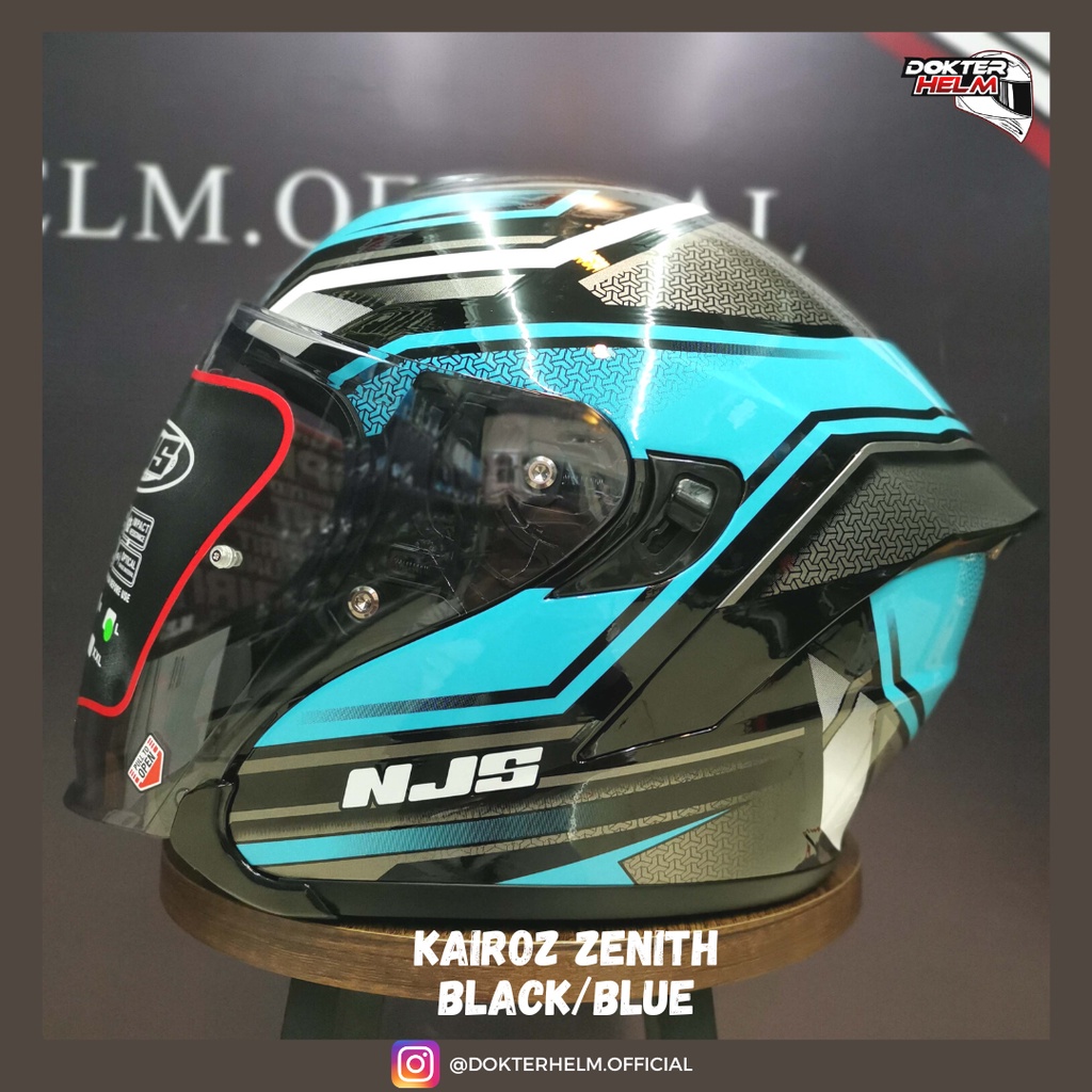 HELM NJS HALF FACE KAIROZ MOTIF ZENITH BLACK BLUE GLOSSY DOUBLE VISOR HELMET