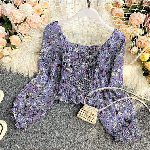 KALANTHA FASHION Blouse Serut Karet Sabrina Lengan Panjang Motif Bunga Bahan Sifon Casual
