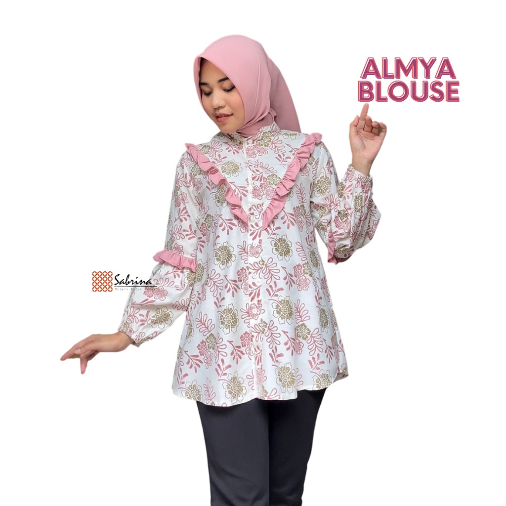 ALMYA BLOUSE Atasan Kemeja Batik Kerja Kantor Wanita Cantik Modis Modern Kekinian Print Katun Pastel Rampel Busui