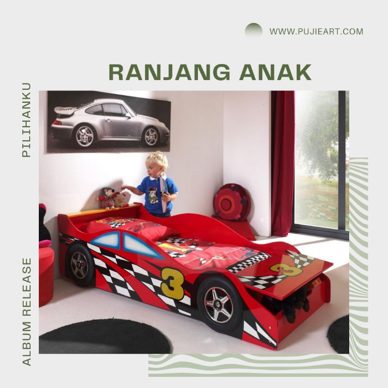 TEMPAT TIDUR 90x200CM BENTUK MOBIL, KASUR ANAK PEREMPUAN KARAKTER ALMARI LACI