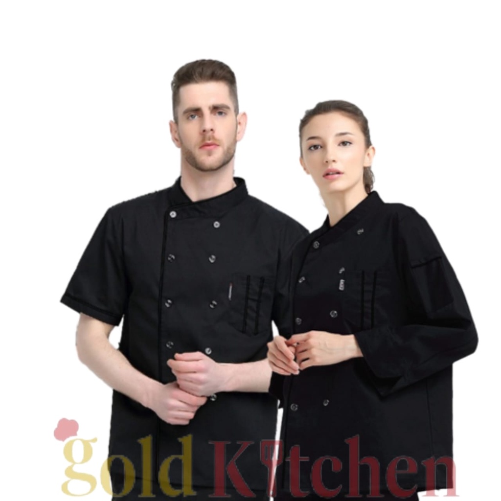 Chef Jacket Kemeja Kerja Baju Koki Pria Wanita Lengan Pendek Panjang Bahan Drill Model Mandarin Merek Gold Kitchen