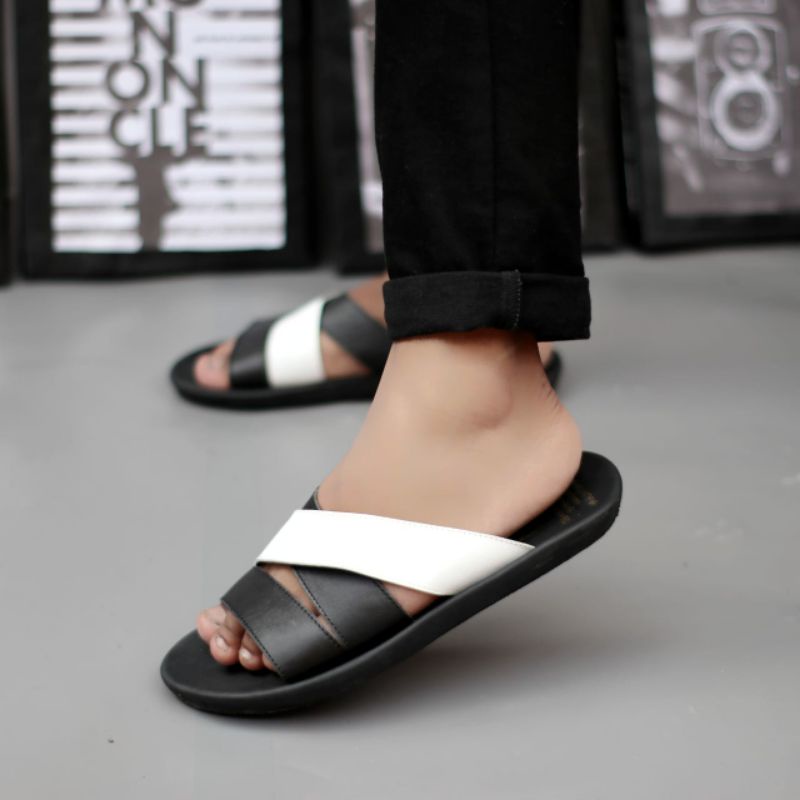 CEVANY POLET Black (KULIT ASLI) Sandal Pria Casual Original Kulit Sapi Kombinasi Warna