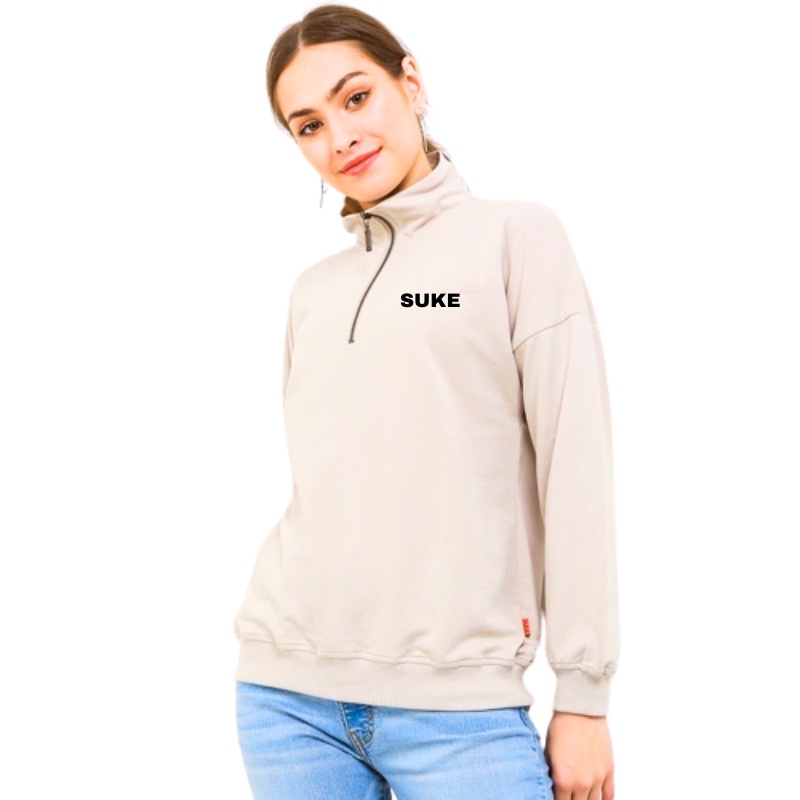 Suke Halfzip Sweatshirt Cream Basic Premium / Sweater Zipper / Sweater Resliting / Sweater Turtleneck