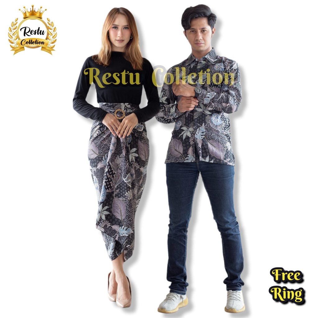 { COD } Stelan Couple Kemeja Pria Dan Rok Lilit Batik Wanita Motif Sekar Abu Cocok Untuk Acara Nikahan Kondangan Tunangan Wisuda Bawahan Kebaya Perpisahan Reunian Ulang Tahun Aniversery Kantoran Kerja Dan Acara Besar Lainnya Bahan Premium