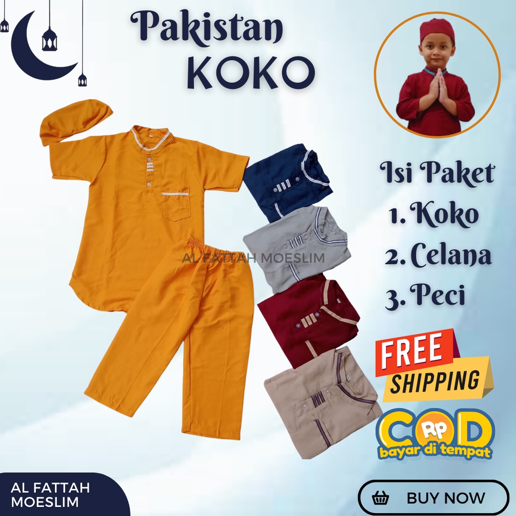 Setelan Anak Baju Koko Celana Panjang Peci Set Sarkoci Kemeja Kurta Polos Kain Katun Laki Cowok Newb