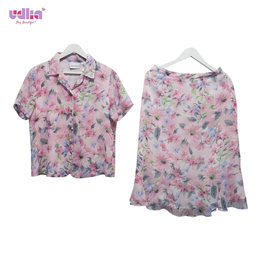 Udlia Setelan Rok Wanita Blouse Kemeja Rok Flower