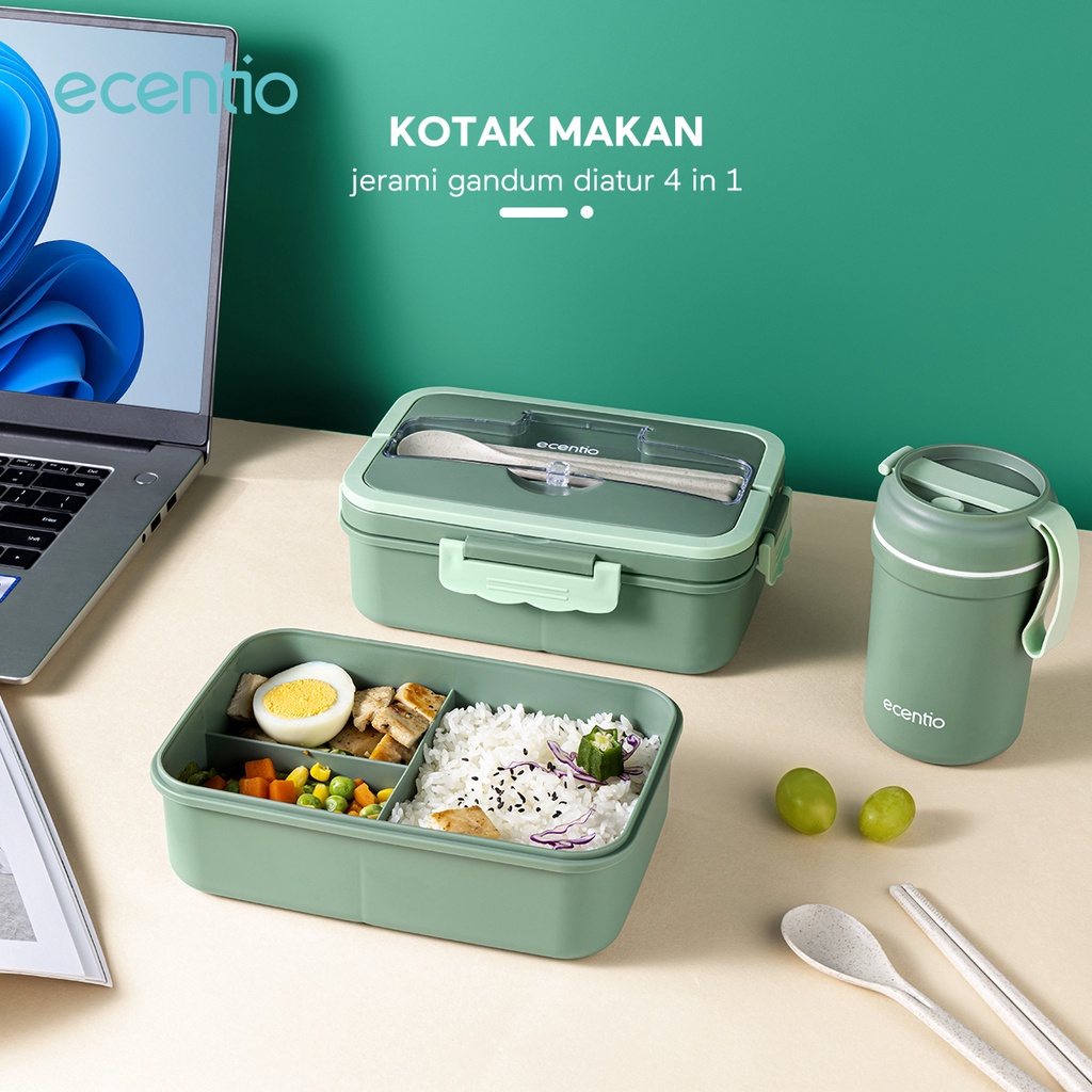 ecentio lunch box set 1000ml+300ml kotak makan anti tumpah Free Sendok Tempat Makan Cangkir Sup Set Anti Tumpah Kotak Makan 3 Grid Termos Sup