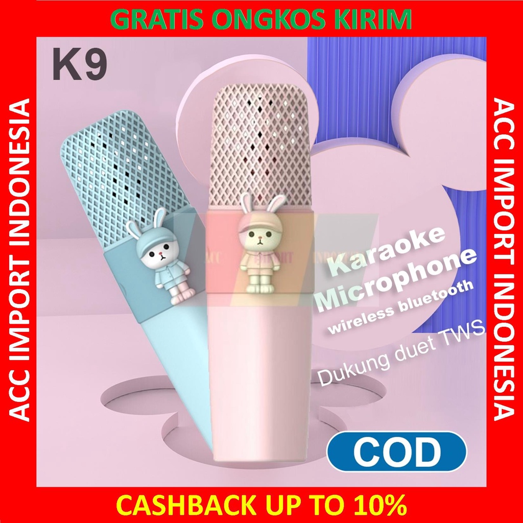 Microphone Mic Wireless K9 Karaoke Bluetooth Pink Lucu Kartun Speaker