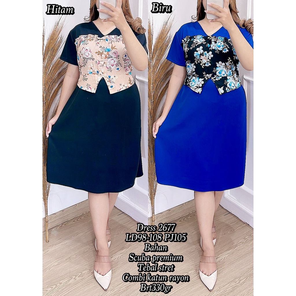 Dress 2677 Okky baju dan celana wanita motif bunga-bunga bahan scuba import dan katun rayon