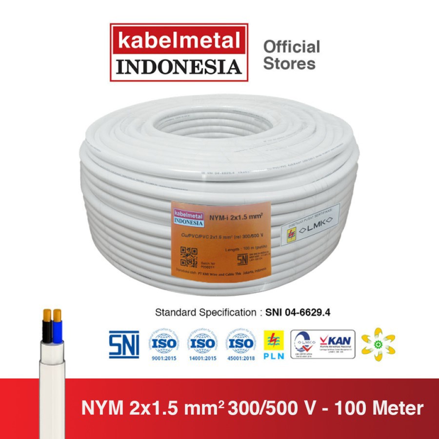 NYM 2 x 1.5 mm² / 2x1.5 mm² / 2x1,5 mm² / 2x1,5 mm² 100 Meter Putih - Kabel Metal Indonesia Listrik Kawat Tunggal Tembaga Murni Roll SNI