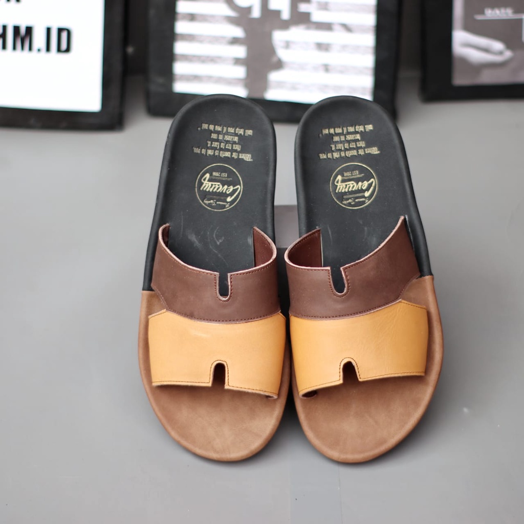 Sandal Slop Slide Pria Casual Kulit Keren Original Distro Handmade Sendal Slippers Flat Keren Ringan Nyaman Cowok Enoz Gorrex