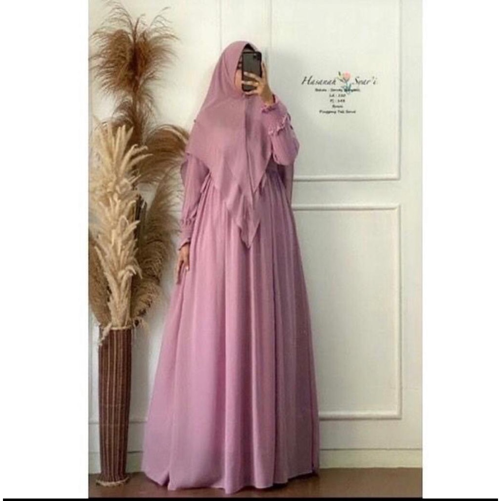HASANAH SYARI PLUS KHIMAR / BISA COD / Baju Gamis Set Jilbab Syari Bahan Ceruty / Gamis Syari Busui 