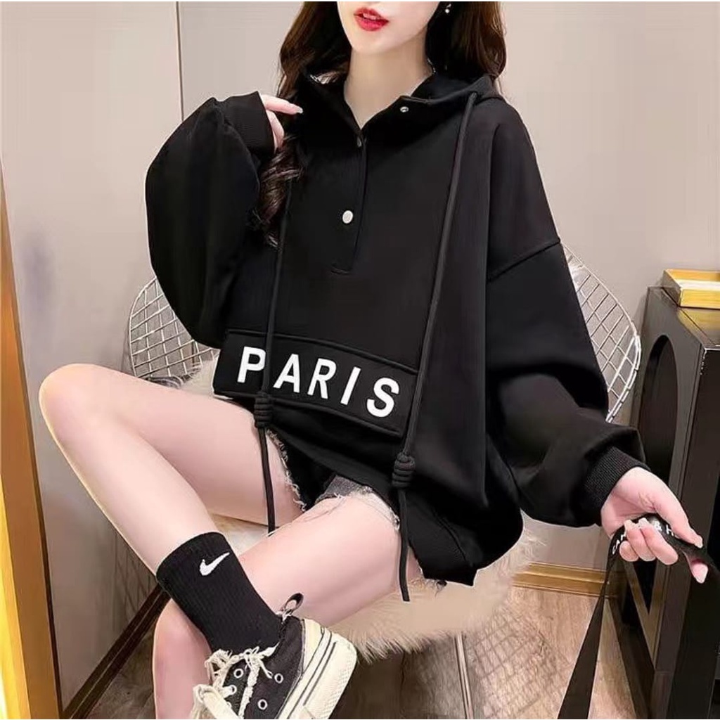 SWEATER HOODIE OVERSIZE | PARIS BIGSIZE POCKET SWEATER HOODIE KANCING WANITA KOREAN STYLE