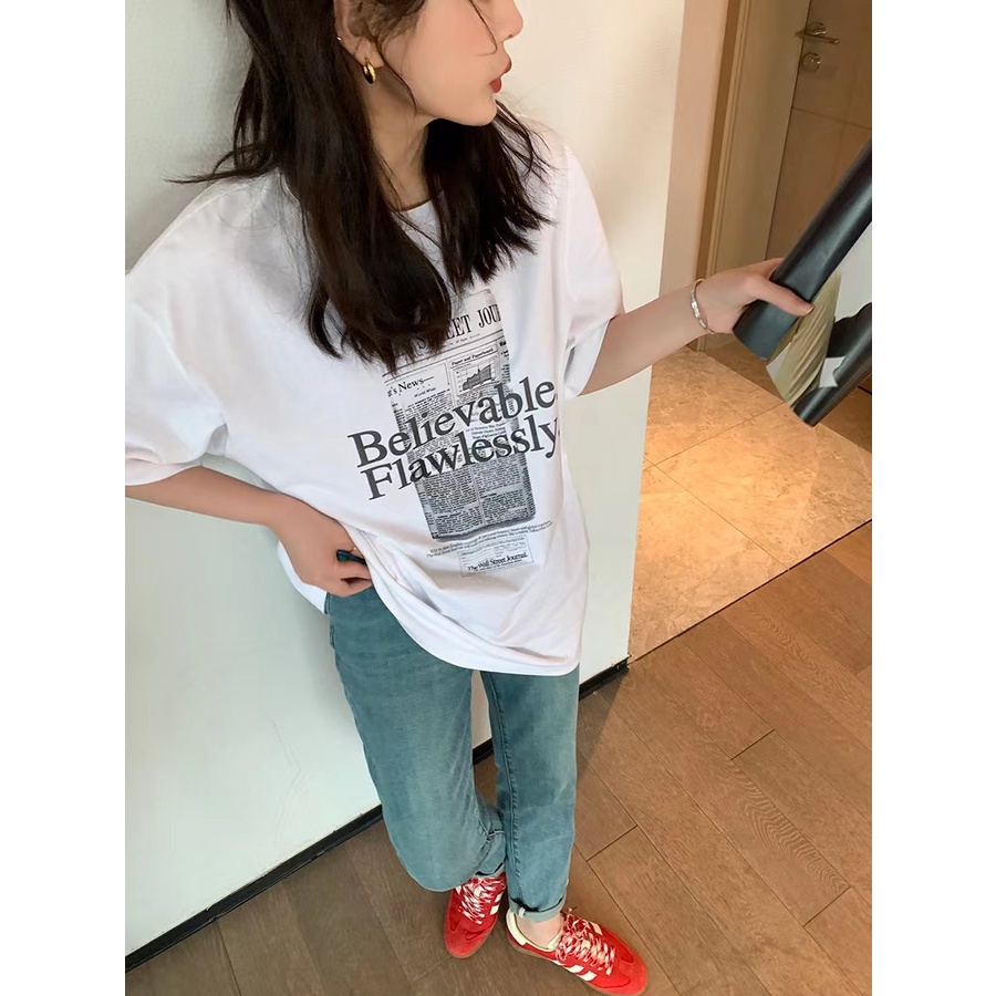 t-shirt Korean style Letter lengan pendek kaos oversize wanita