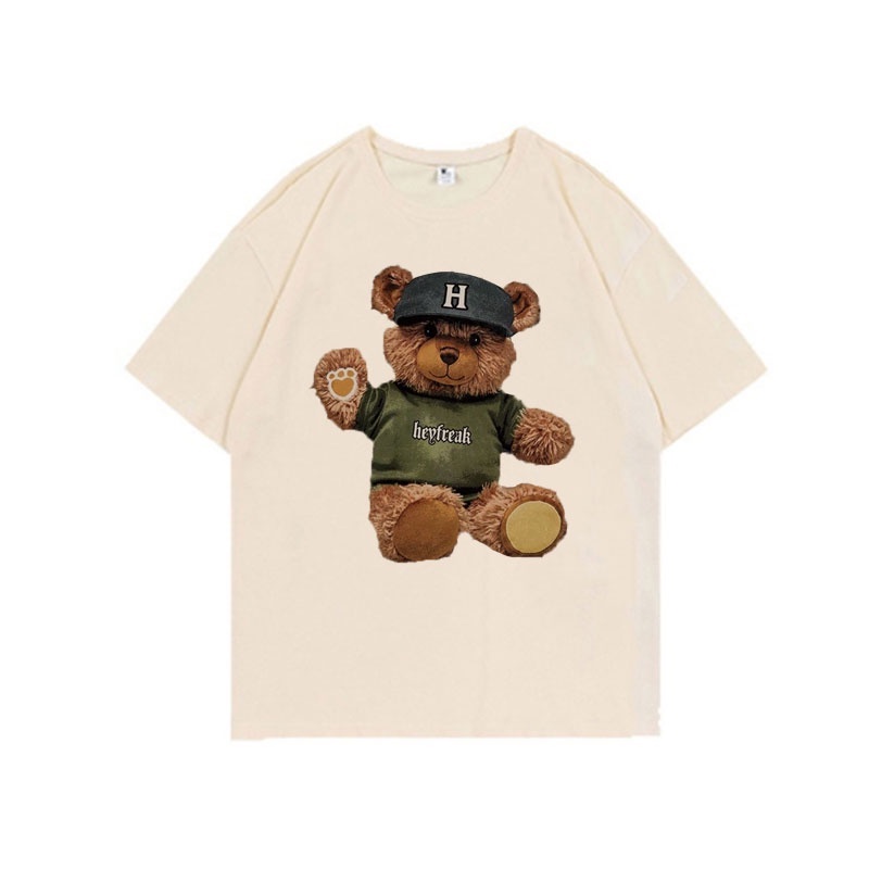 Korean style wanita oversize kaos putih Cute Bear t-shirt couple/American Vintage Print T-shirt Oversize Atasan Kaos Lengan