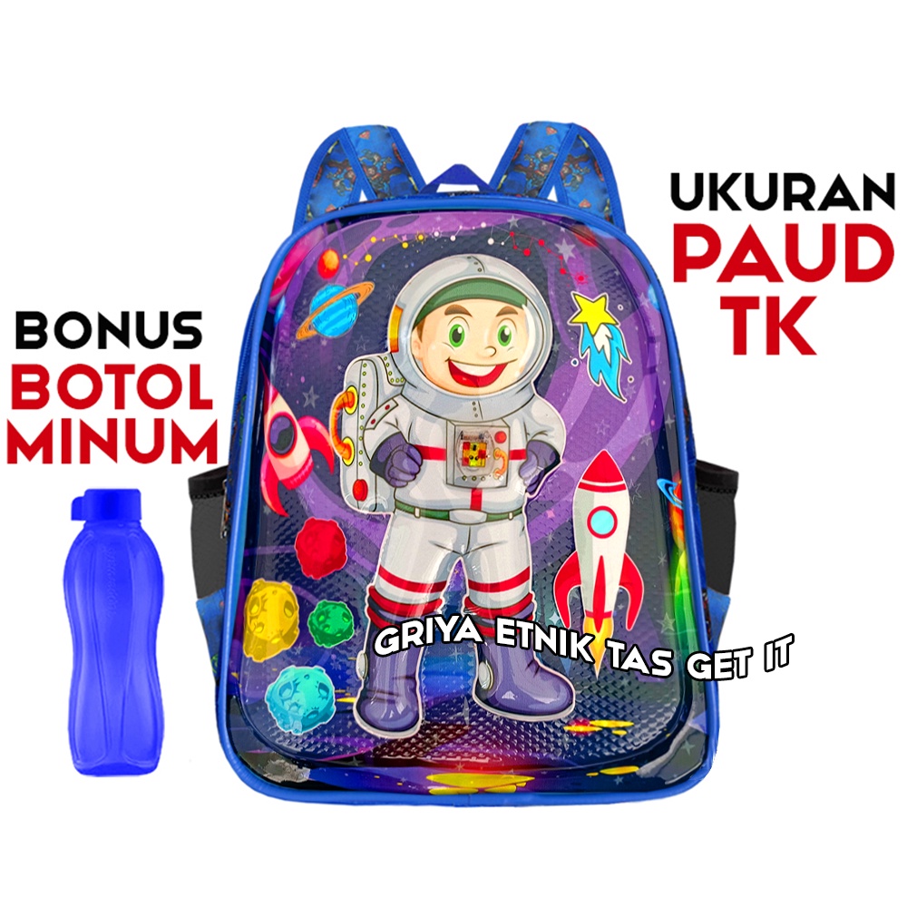 Tas Sekolah Anak Laki Laki TK Karakter Astronot NASA Lampu LED Ransel Gendong Kecil Cowok