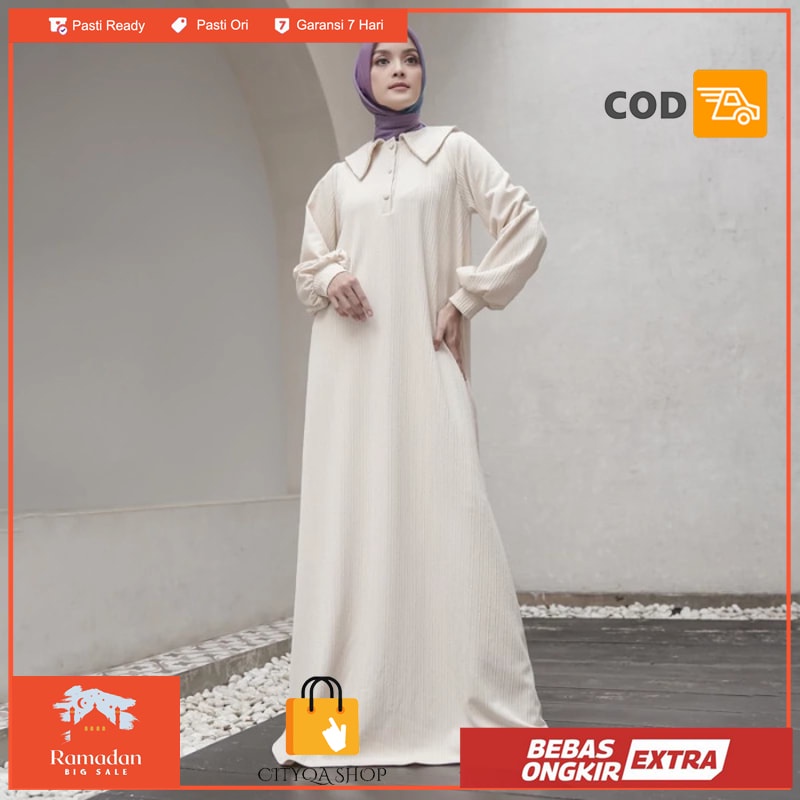 MANDJHA Ivan Gunawan Knitt Colar Dress Cream Atasan muslim abaya gamis - S