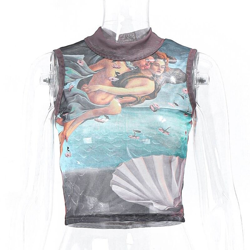 [✅BISA COD] #Sisjuly# Y2K Kaos Wanita / Atasan Motif Vintage Wanita / Tunik Tembus Pandang Jala / Ka