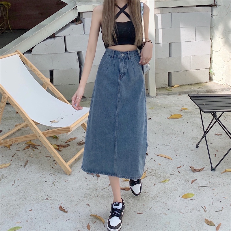 EUNII Korean Style A-line Skirt Midi Slit Rok Denim Panjang Wanita High Waist Skirt