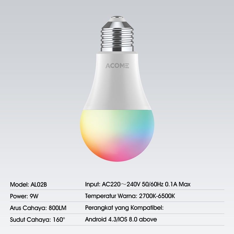 ACOME IOT Lampu Bohlam Smart WIFI Home Automation Wireless LED Bulb 9W RGB Garansi Resmi 1 Tahun AL02B Kontrol jarak jauh