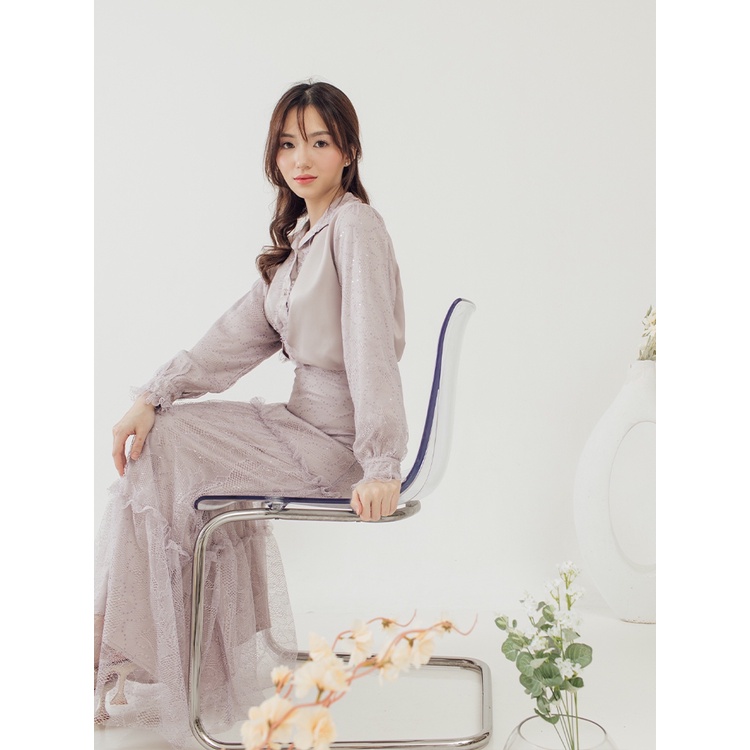 Kadaka B-0195 Rok Maxi Wanita Long Skirt Ruffle Satin Chantilly Lace