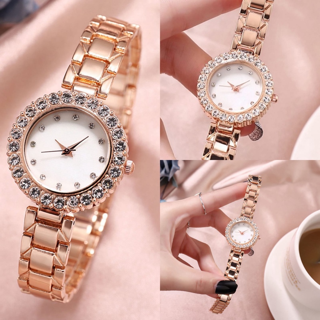 JAM TANGAN WANITA PESTA CEWEK ELEGANT REMAJA KEKINIAN BRANDED MEWAH RANTAI GOLD ANTI AIR IMPORT MURAH BULAT ANGELES JAM124G1 STAINLESS FASHION