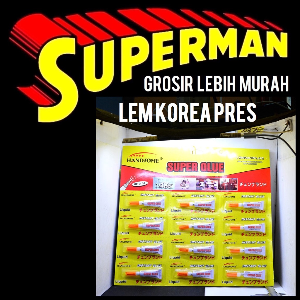 

GROSIR 1 LEMBAR ISI 12 PCS LEM KOREA KEMASAN PRES SUPER GLUE botol 3gr 3 gram tetes cair sekelas alteco power glue j g d c handsome kuat awet perekat plastik kayu karet logam kulit keramik kaca 12pc 12pcs pc superman jogja supermanjogja