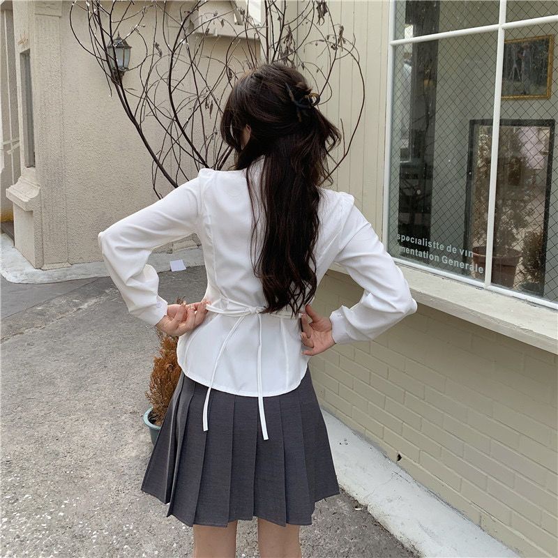 Kemeja Putih Wanita Korean Lengan Panjang Polo Casual Top