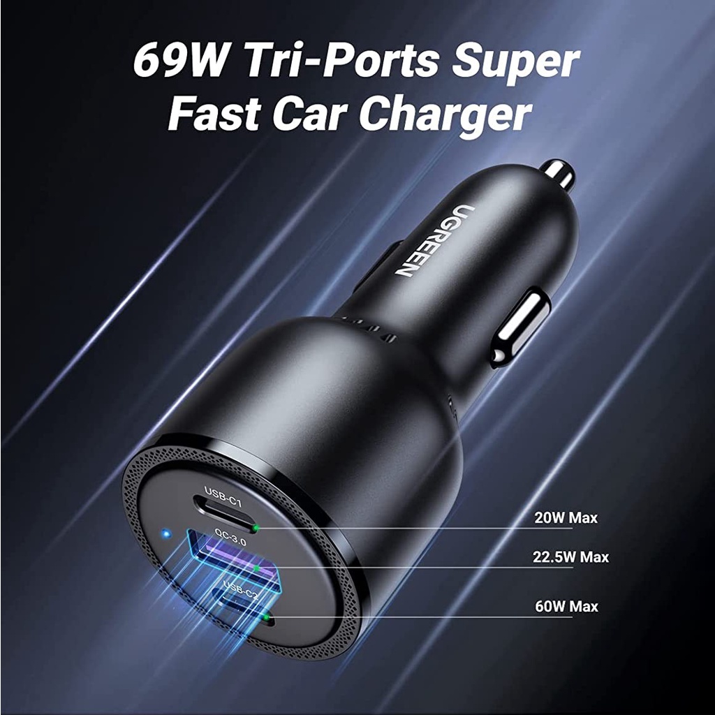 UGREEN ORIGINAL Car Charger Super Fast Charging 69W Type C USB 3 Ports Output 3A 5A Saver Casan Mobil Adaptor Adapter Tipe C Ori