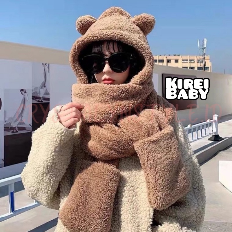 Topi Jennie Lucu Syal Beruang Hangat