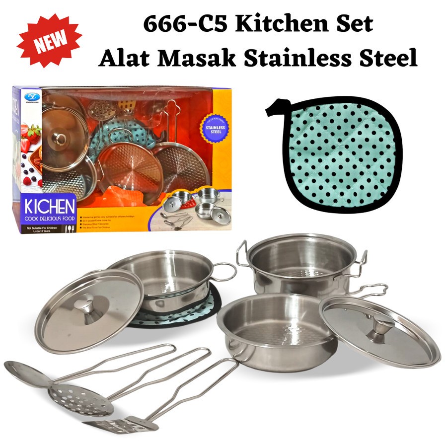 Mainan anak masak masakan set panci stainless steel alat masak