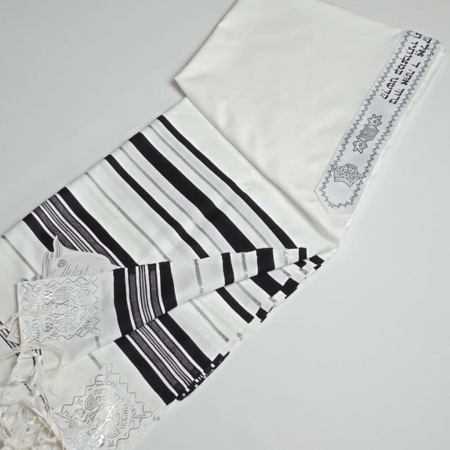 Selendang Doa HADAR BLACK SILVER Wool-Acrylic Tallit Gadol 140x180cm by Israel (Kosher)