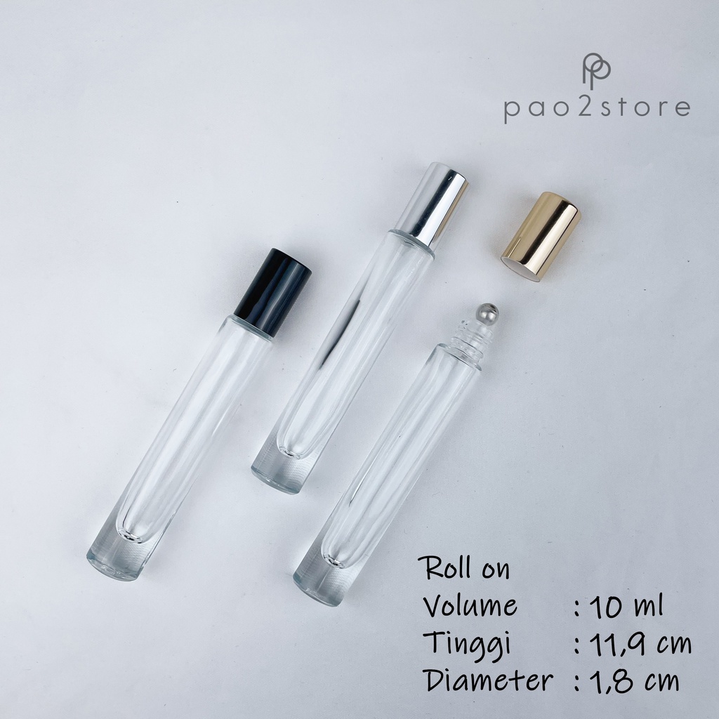 Botol Roll on 10ml - Kaca Bening Bulat Tebal Tinggi - Bola Roller Besi Stainless - Refill Parfum Essential Oil