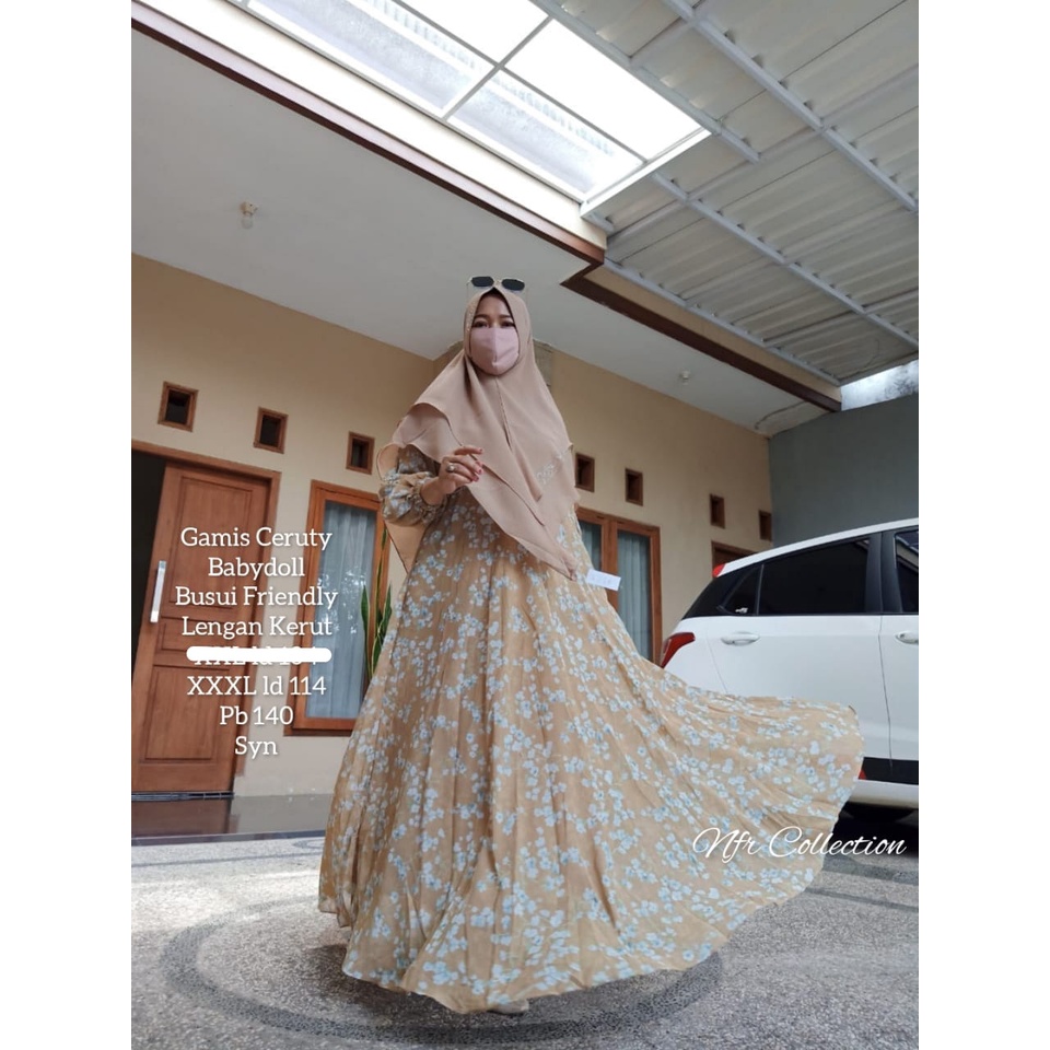 gamis alwa jumbo XXL ld 104 dan 4L ld 114 ceruty babydoll mayung, busui, pb 140 motif bunga