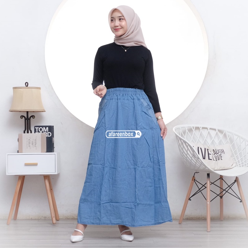 AFAREEN - Rok Jeans Panjang Wanita Line A Umbrella Mayung Span Denim Rok Jeans Motif Polos Pinggang Karet Kolor