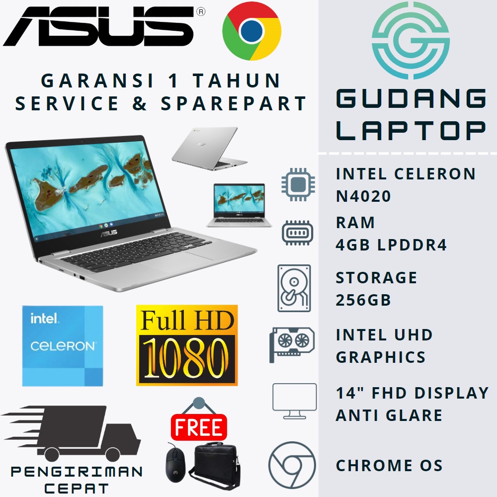 LAPTOP SEKOLAH ASUS CHROMEBOOK C424MA INTEL N4020 RAM 4GB 256GB eMMC FHD SILVER CHROME OS