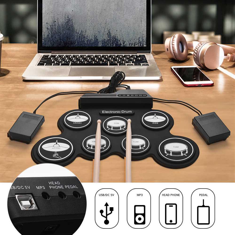 Electronic Digital Drum Kit 7 Pads Folding USB Power - G3002 - Black