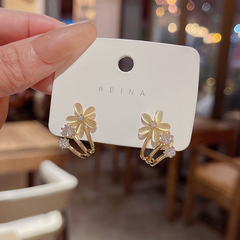 925jarum Perak Mewah Opal Bunga Anting Fashion Zirkon Stud Earrings