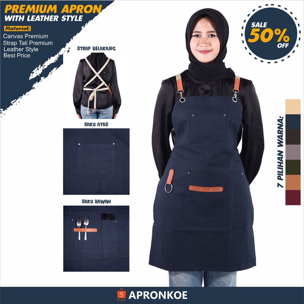 APRONKOE Apron Celemek Canvas Leather kulit Kanvas Barista Waiter Korea Wanita Pria chef Masak Premi