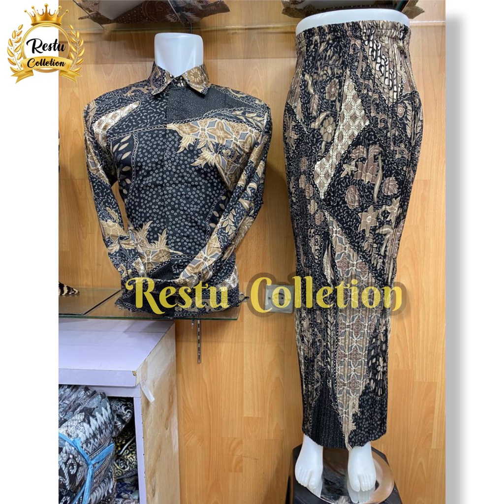 {COD} Restu Colletion Stelan Couple Kemeja Lengan Panjang  Pria Dan Rok Plisket Wanita Motif SR Mocca Batik Cocok Untuk Acara Nikahan Kondangan Tunangan Wisuda Bawahan Kebaya Kantoran Perpisahan / Acara Besar Lainnya Bahan Premium Bestseller