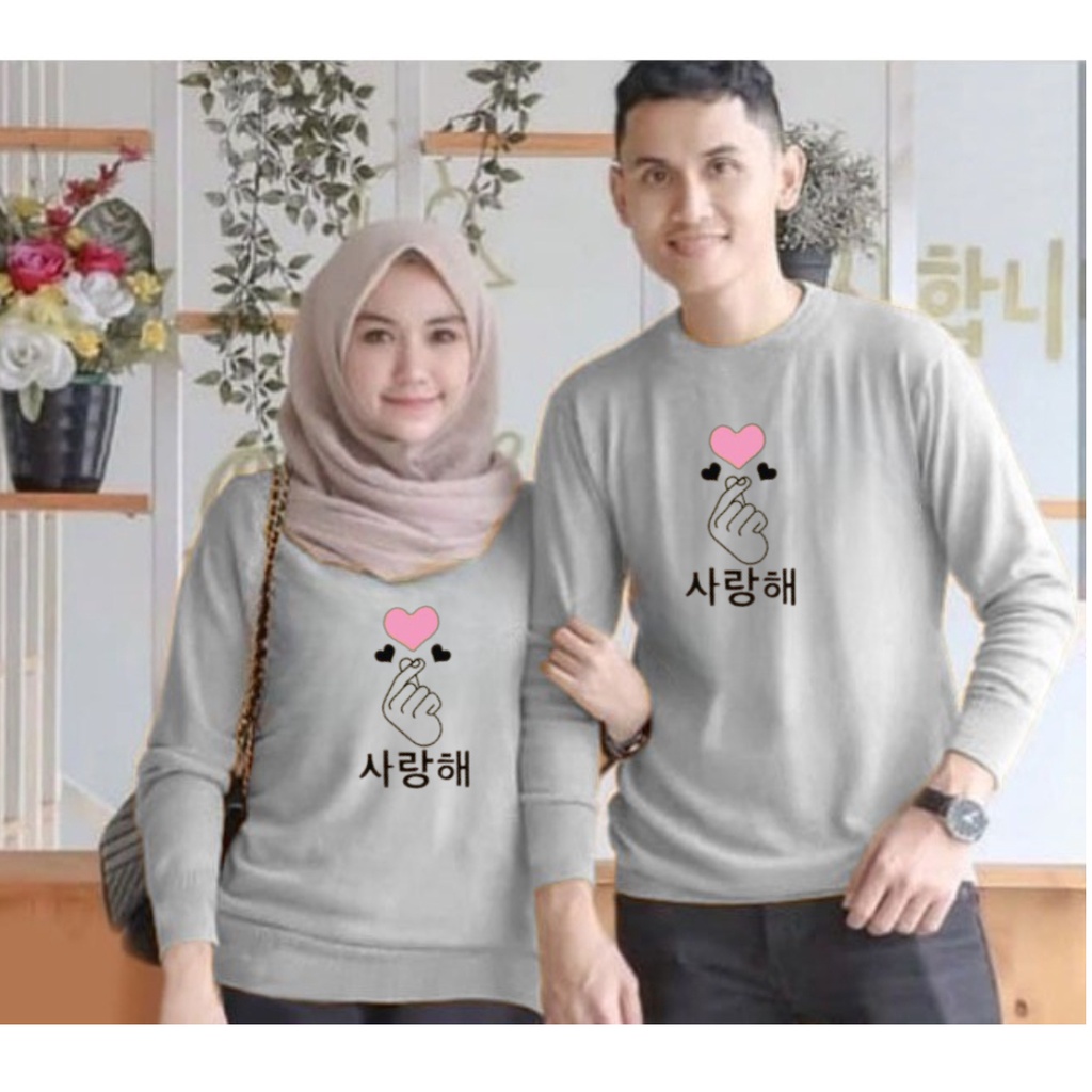 Baju lengan panjang couple saranghaeyo / baju distro trendy / baju terlaris / baju kekinian / harga sudah termasuk 2pcs