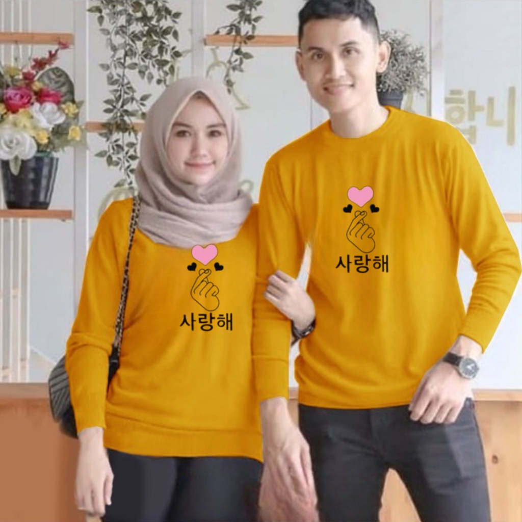 Baju lengan panjang couple saranghaeyo / baju distro trendy / baju terlaris / baju kekinian / harga sudah termasuk 2pcs