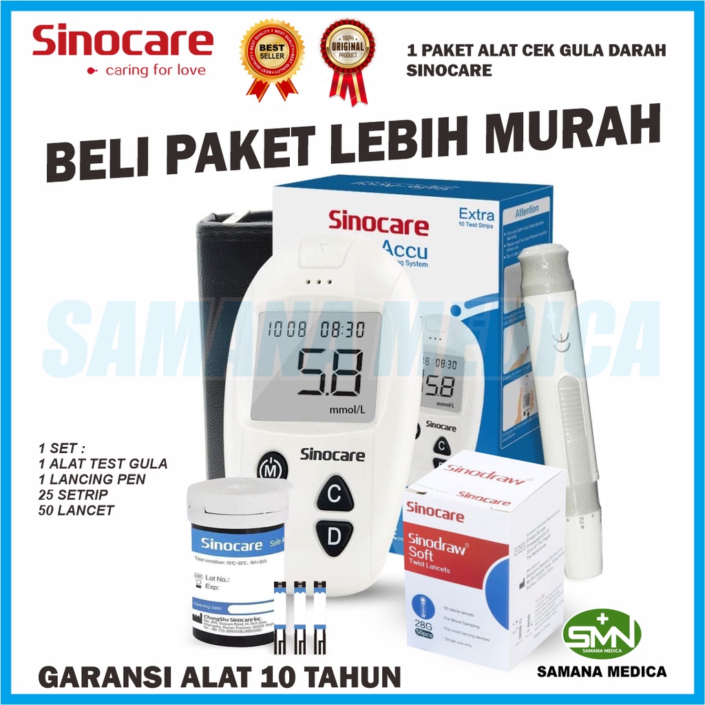 PAKET Murah Sinocare Sinoheart Safe Accu 1 Alat Tes Gula Darah Glukosa 1 Paket Lengkap (1 Buah Alat - 1 Buah Pen Lancet - 25 pcs Jarum -  28G, 25pcs Strip Gula, - 25 pcs Alcohol Swabs ONEMED)