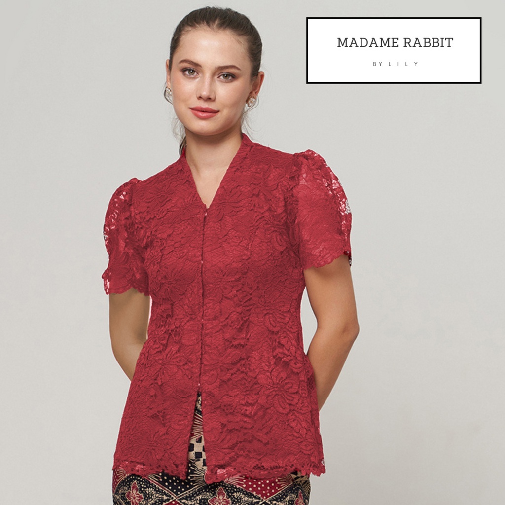 Blouse Kebaya Brokat Puff Merah Baju Pesta Atasan Polos Madame Rabbit