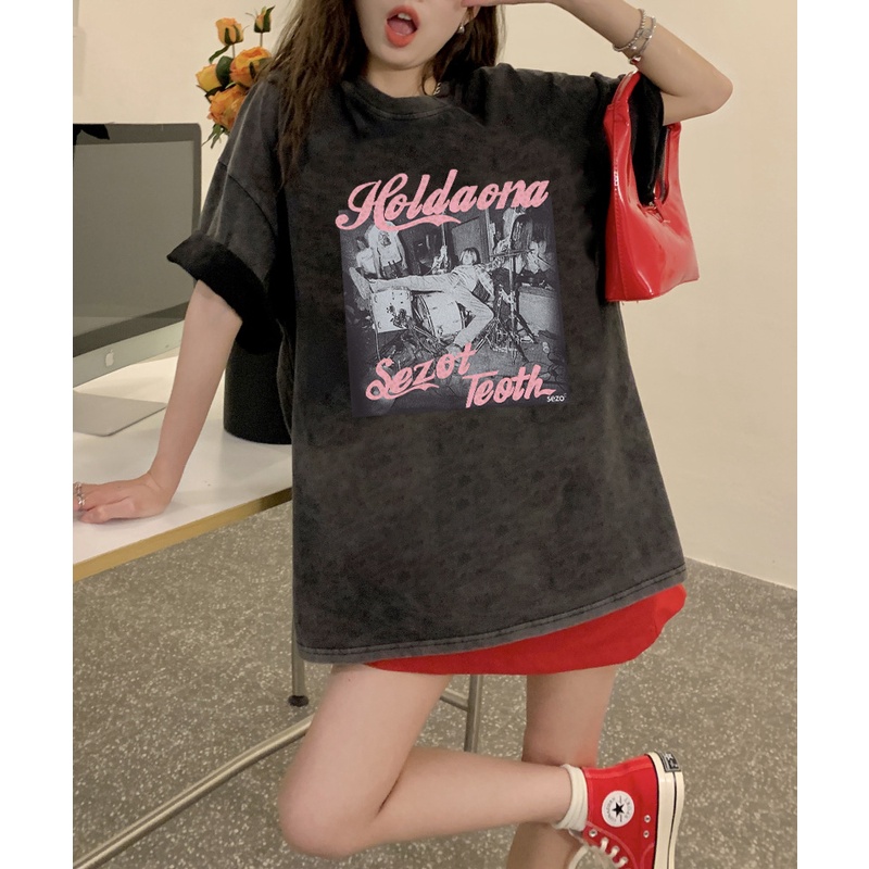 EUNII T-shirt Lengan Pendek Black Washed Retro Pink English Design Printing Korean Style/Kaos Atasan Wanita/Baju Wanita