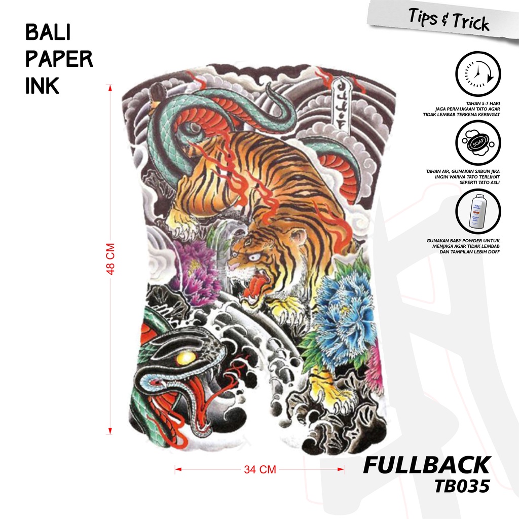 Bali Paper Ink TB035 Tiger Tatto Temporary Basic Tato Temporer Full Punggung - Tato Punggung