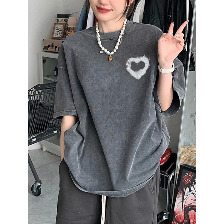 EUNII T-shirt Lengan Pendek Black Washed Vintage Love Ink Printing Korean Style/Kaos Atasan Wanita/Baju Wanita